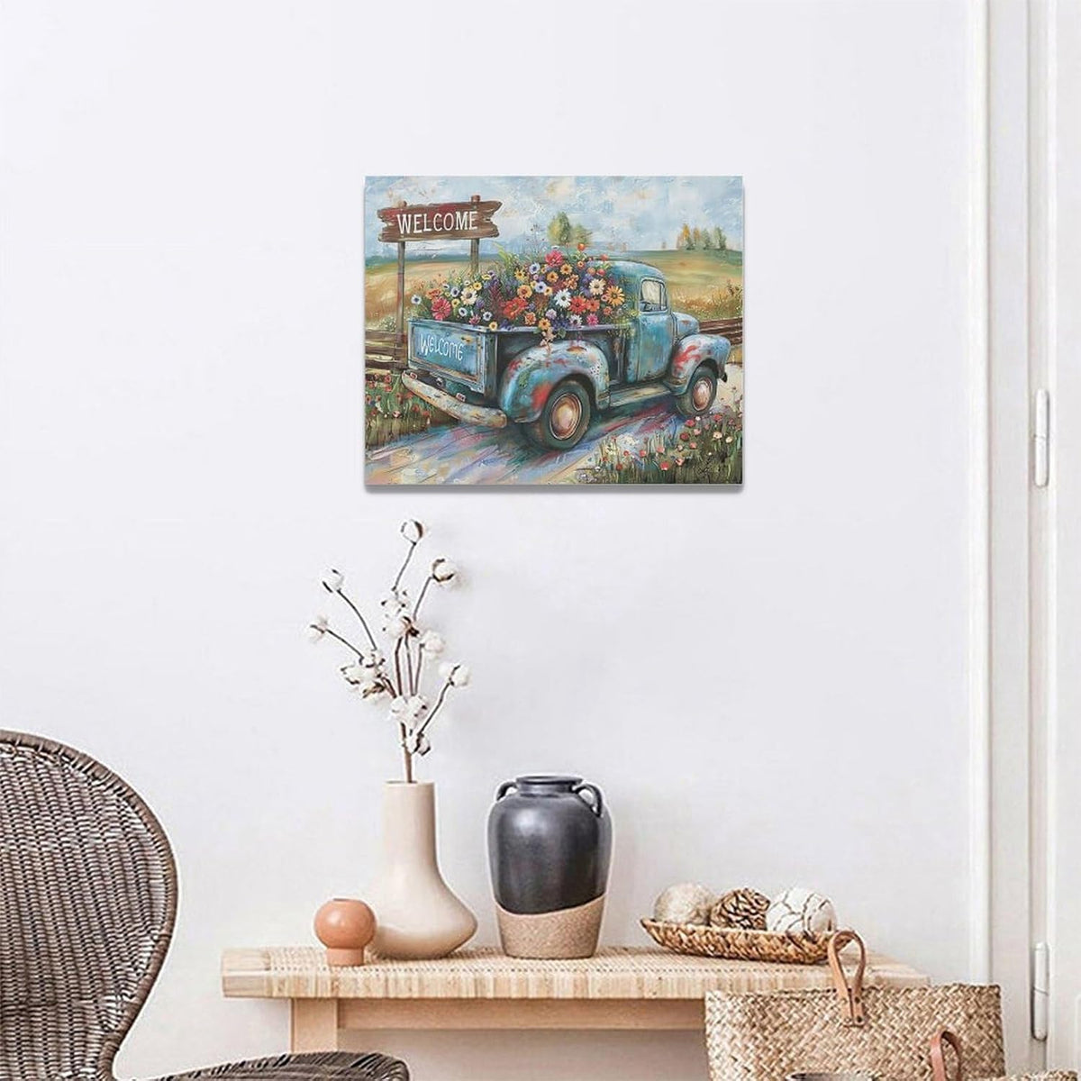 Farmhouse Truck Wall Art Rustic Country Wildflowers Wall Decor Road Flowers Landscape Pictures