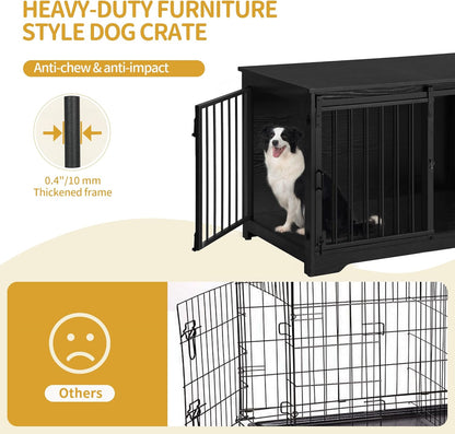 39.3" Dog Crate Furniture with Barn Door, Heavy Duty Dog Kennel Indoor with 2 Doors, Wooden Pet