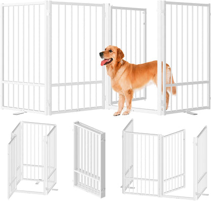 Full Metal Freestanding Dog Gate with Door, 36''Height Foldable Pet Dog Fence for Indoor & Outdoor