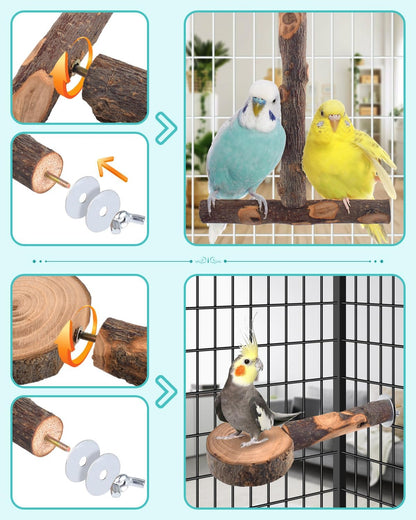 Bird Perches, 8pcs Natural Wood Parrot Perch Stand Chewing Toys Cage Accessories Hanging