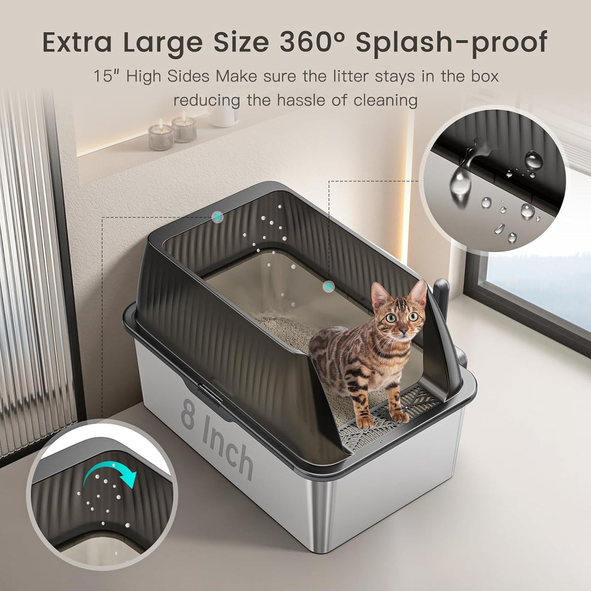 Tripamin 15” XL Stainless Steel Cat Litter Box Enclosure, XXL Stainless Steel High Sides with Lid
