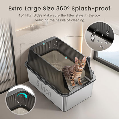 Tripamin 15” XL Stainless Steel Cat Litter Box Enclosure, XXL Stainless Steel High Sides with Lid