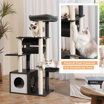 PEQULTI 51.4 Inches Modern Cat Tree Premium 6 Levels Wooden Cat Tower with Fully Sisal Covered