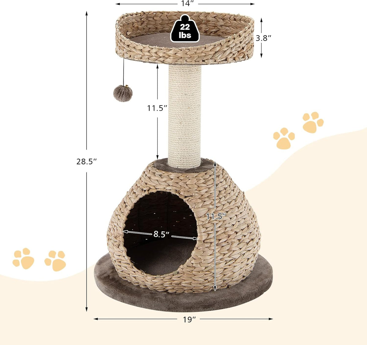Tangkula Modern Cat Tree, Small Cat Tower with Natural Sisal Scratching Post, Hand-Made Wicker Cat