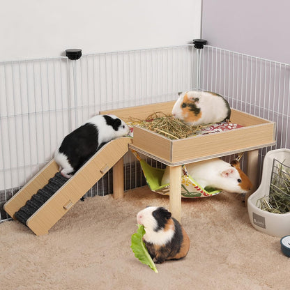 Guinea Pigs Hammock with Platform, Safe Wooden Guinea Pig Hideout with Stairs, Durable Small Pet