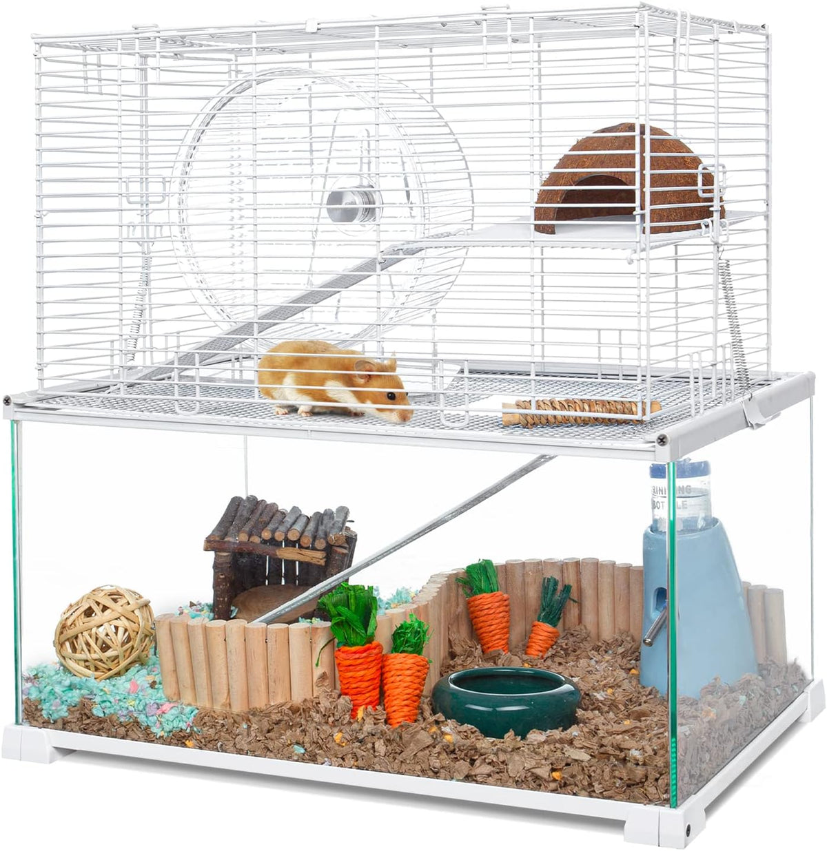 OIIBO 3 Tiers Large Hamster Cages Glass, Heightened Wire Topper with Two Shelf and Two Ladders