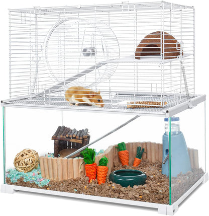 OIIBO 3 Tiers Large Hamster Cages Glass, Heightened Wire Topper with Two Shelf and Two Ladders