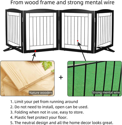 ZJSF Freestanding Dog Fence Indoor, Foldable Dog Gate for Doorways, Stairs or Hallways, Sturdy Wood
