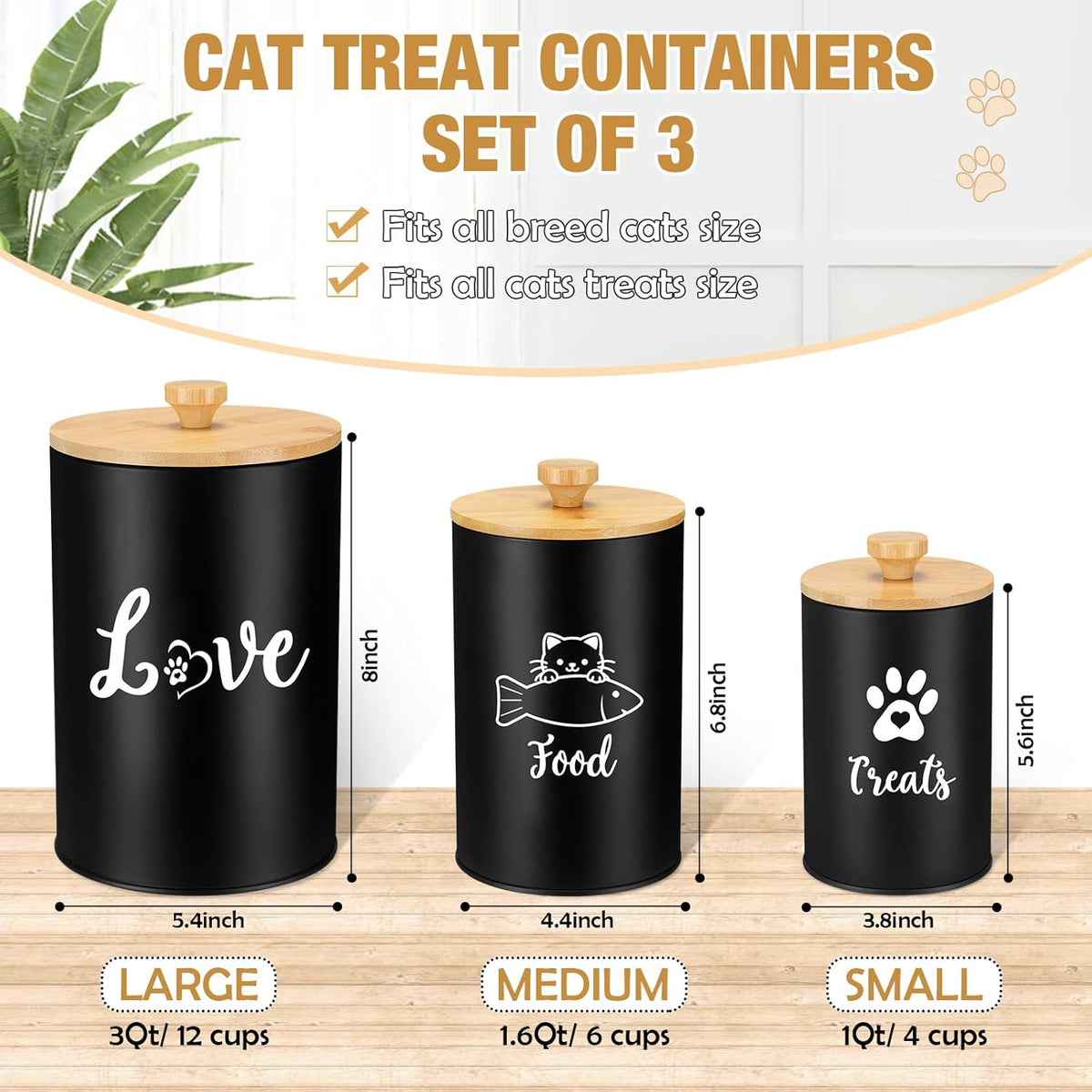 Metal Airtight Cat Treat Container Set of 3 with Bamboo Lids and Spoon Cat Food Storage Container
