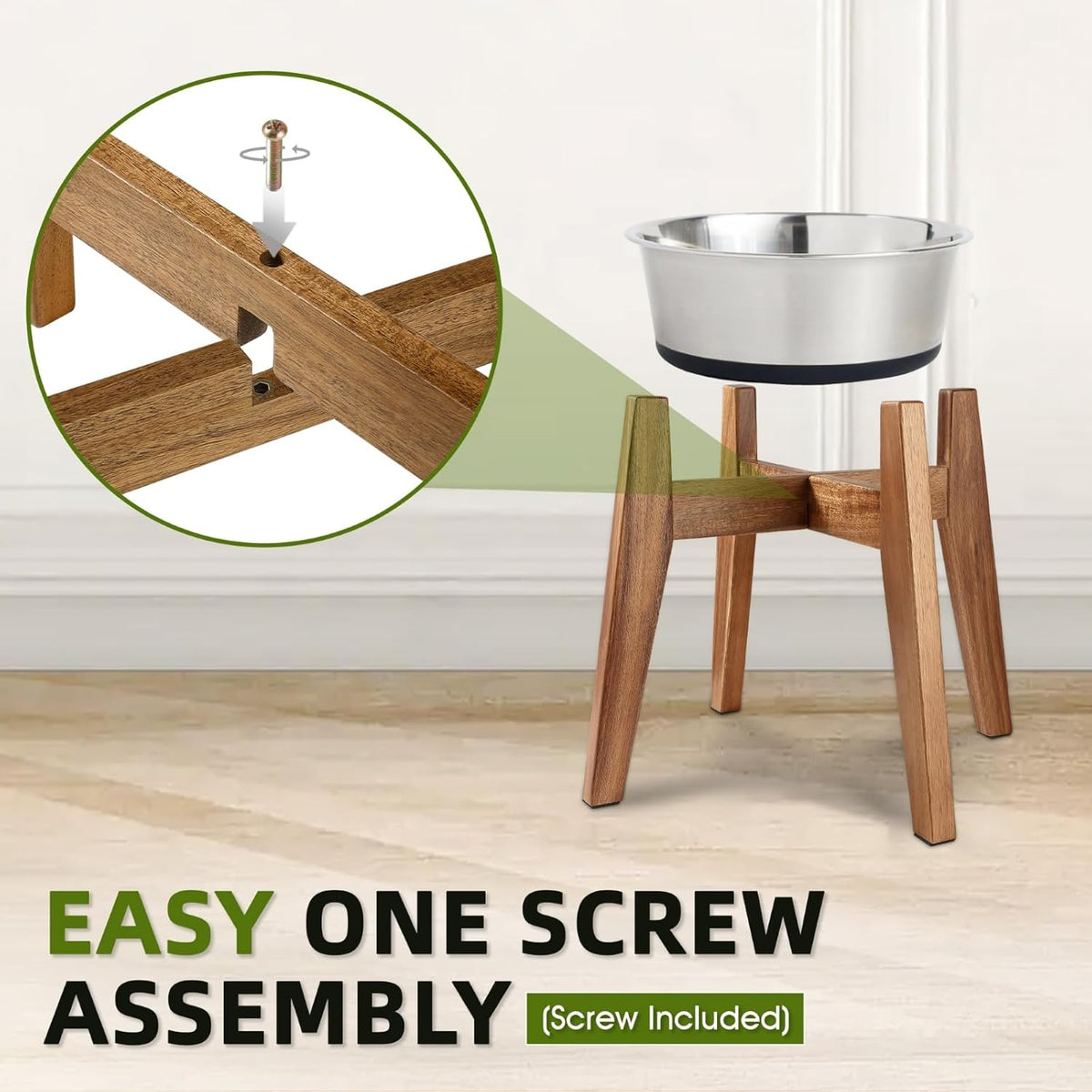 Solid Acacia Hardwood Elevated Dog Bowl Stand, Raised Feeder for Medium & Large Dogs, Fits up to 9″