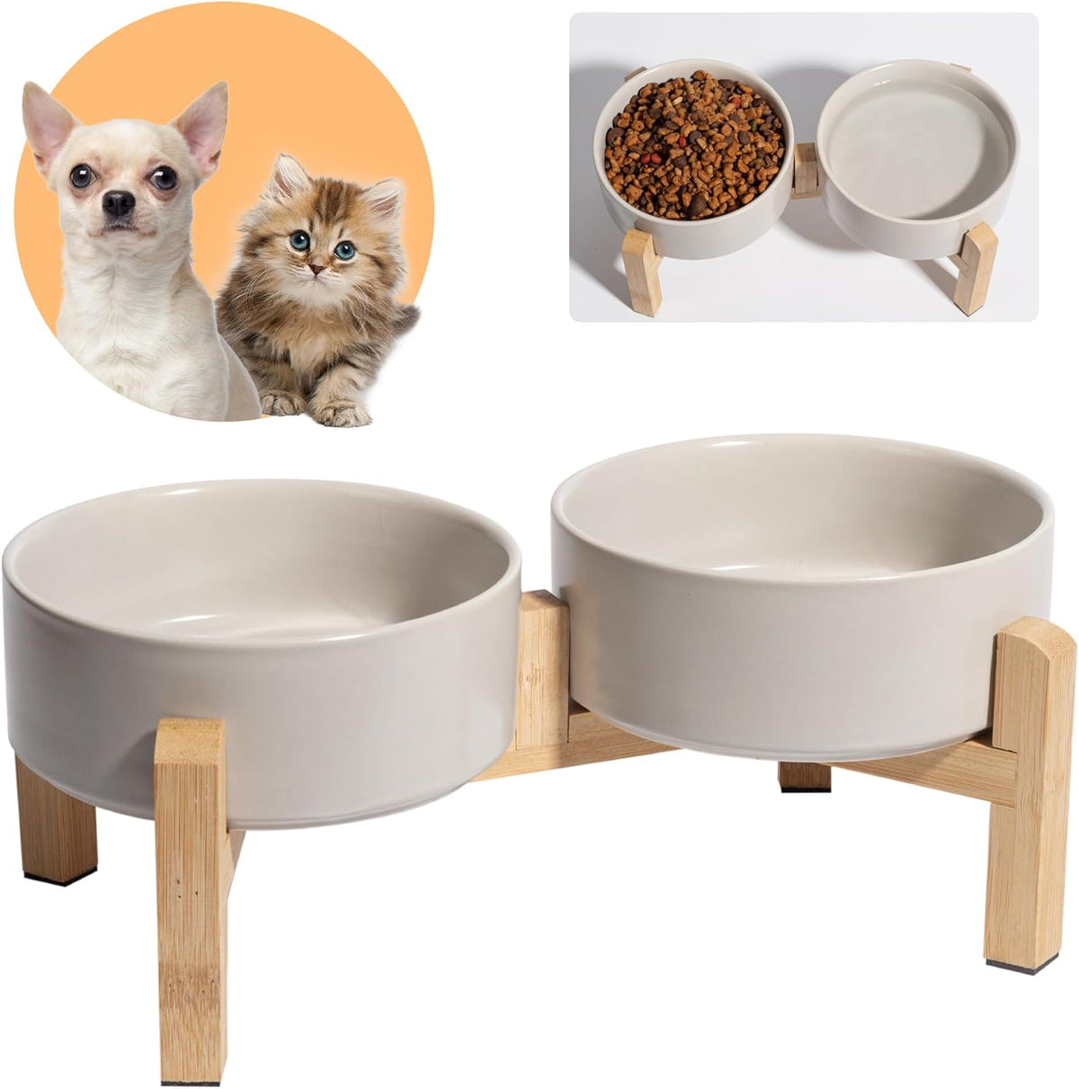 Elevated Ceramic Dog Bowl Set - Raised Feeding Bowls with Non-Slip Bamboo Stand - Small Pet Dishes