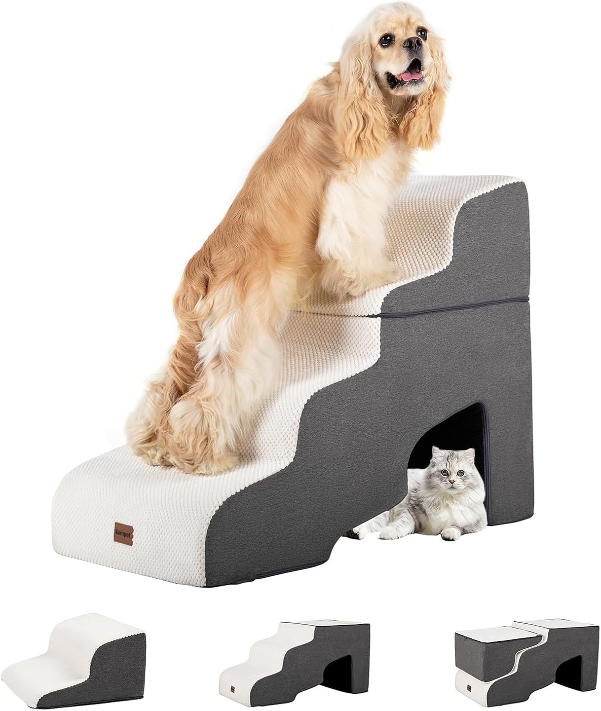 Dog Stairs for High Beds with Tunnel, 4-Step Dog Steps for Small Dogs and Cats, Foldable Pet Stairs