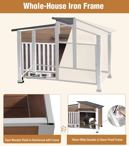 GUTINNEEN Dog House Outdoor with Anti-Chewing Metal Frame, Wooden Dog Kennel with 360° Rotating