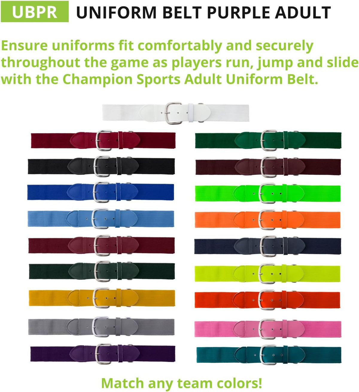 Champion Sports Baseball/Softball Uniform Belt, Comfort Stretch Fit Durable Syntex Tab - Youth &
