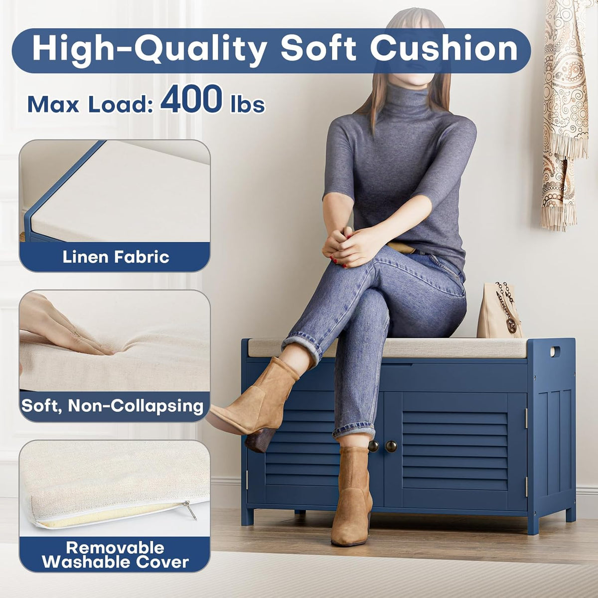 Shoe Storage Bench with Lift Top Storage, Entryway Bench with Cushioned Seat, Adjustable Shelf, 2