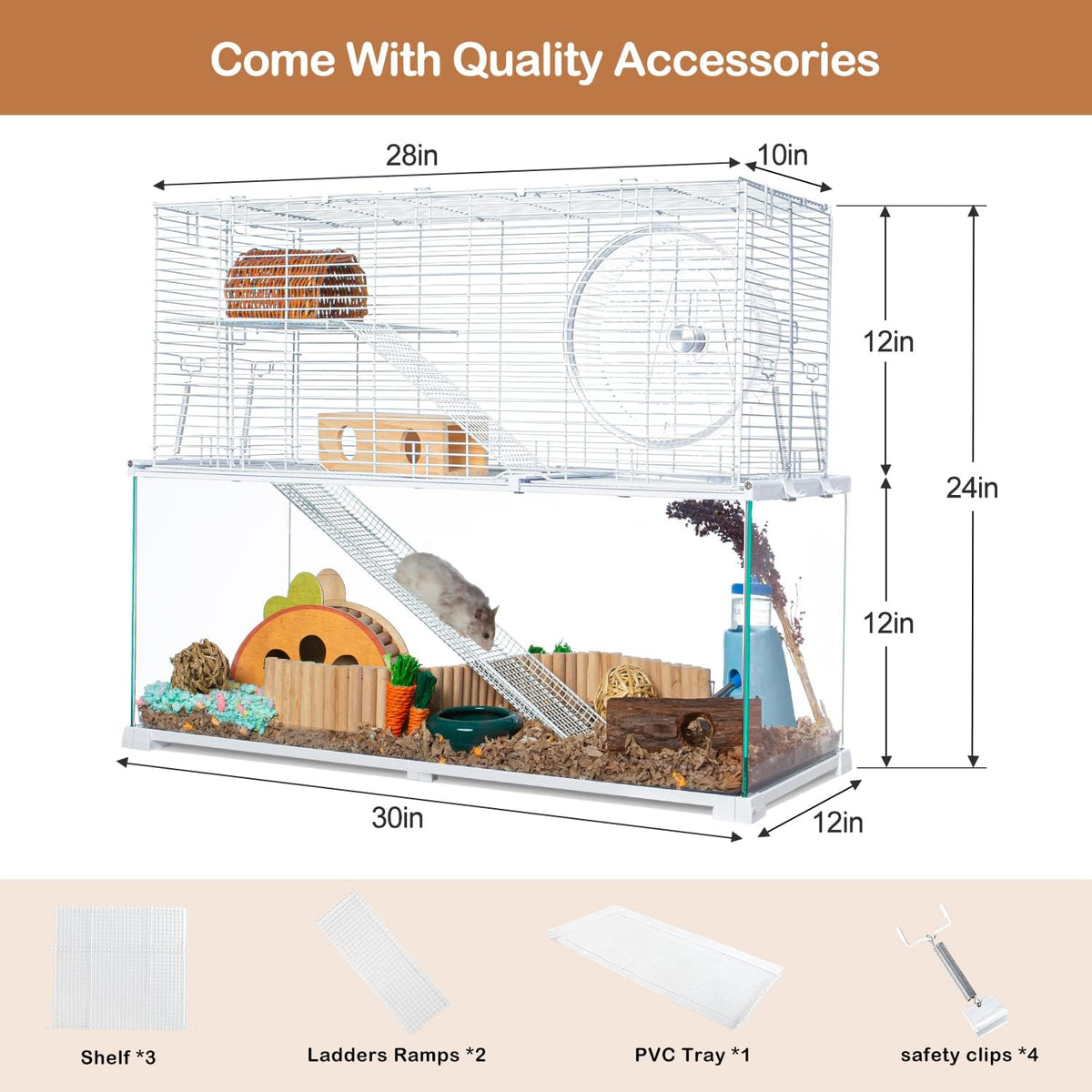 OIIBO 3 Tiers Large Hamster Cages, Glass Hamster Cage Habitat with Openable Wire Topper, Gerbil