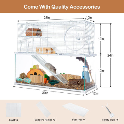 OIIBO 3 Tiers Large Hamster Cages, Glass Hamster Cage Habitat with Openable Wire Topper, Gerbil