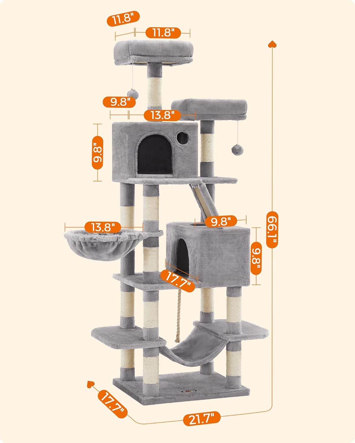 Feandrea Cat Tree, 66.1-Inch Large Cat Tower with 13 Scratching Posts, 2 Perches, 2 Caves, Basket