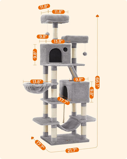 Feandrea Cat Tree, 66.1-Inch Large Cat Tower with 13 Scratching Posts, 2 Perches, 2 Caves, Basket