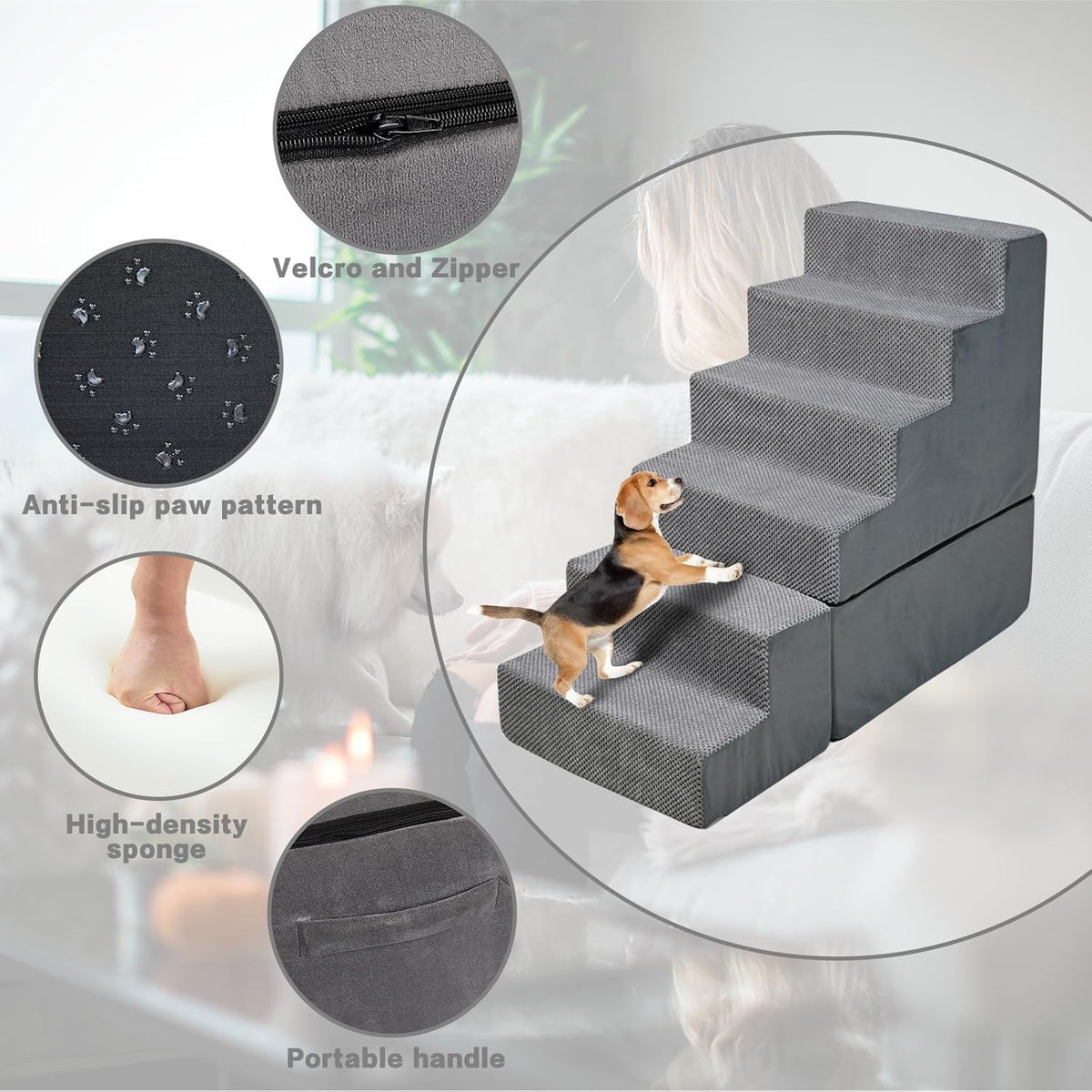 Dog Stair Steps for High Beds 30 inches Tall, 33D Foam Dog Ramp for Bed 30-32 inches, 6-Step Pet