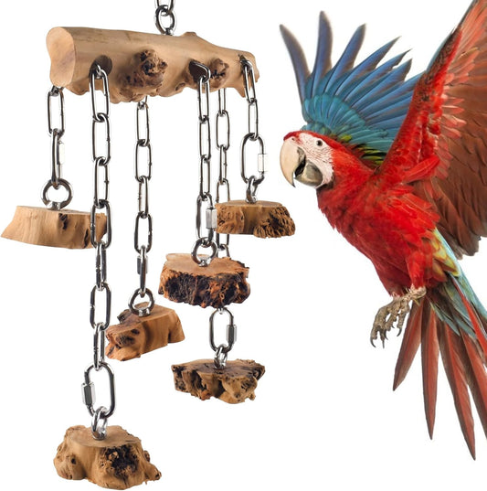 Bird Toys for Parrots, Durable Wooden Large Parrot Toy with Stainless Steel, Hanging Natural Chew