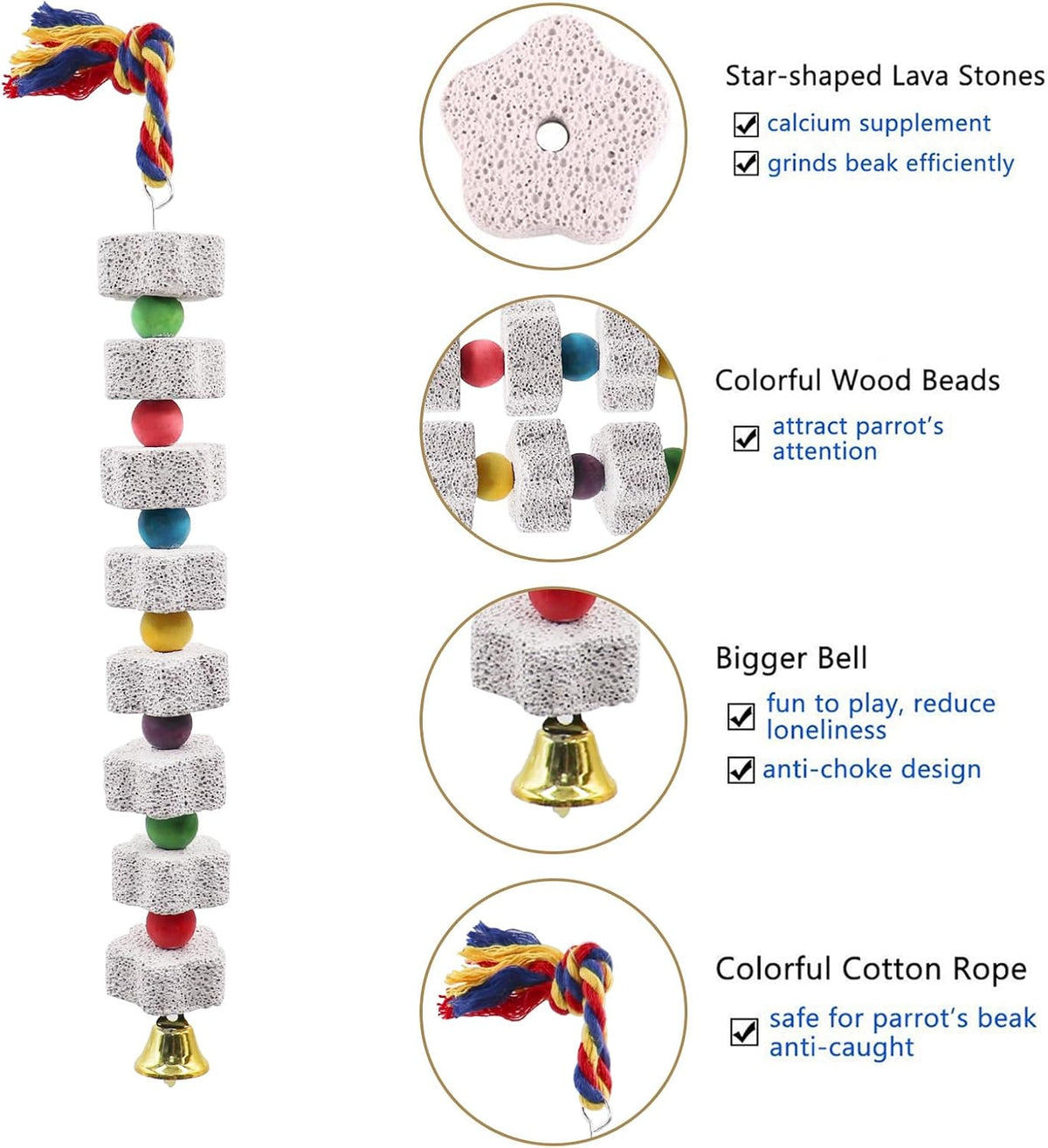 2 Pack Mineral Block Chew Toys with Colorful Beads and a Bell, Bird Beak Grinding Stone, Cage