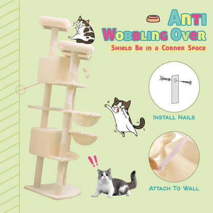 SHA CERLIN 73in Fan-Shaped Corner Cat Tower for Save Space/Multi-Level Tall Cat Tree for Indoor