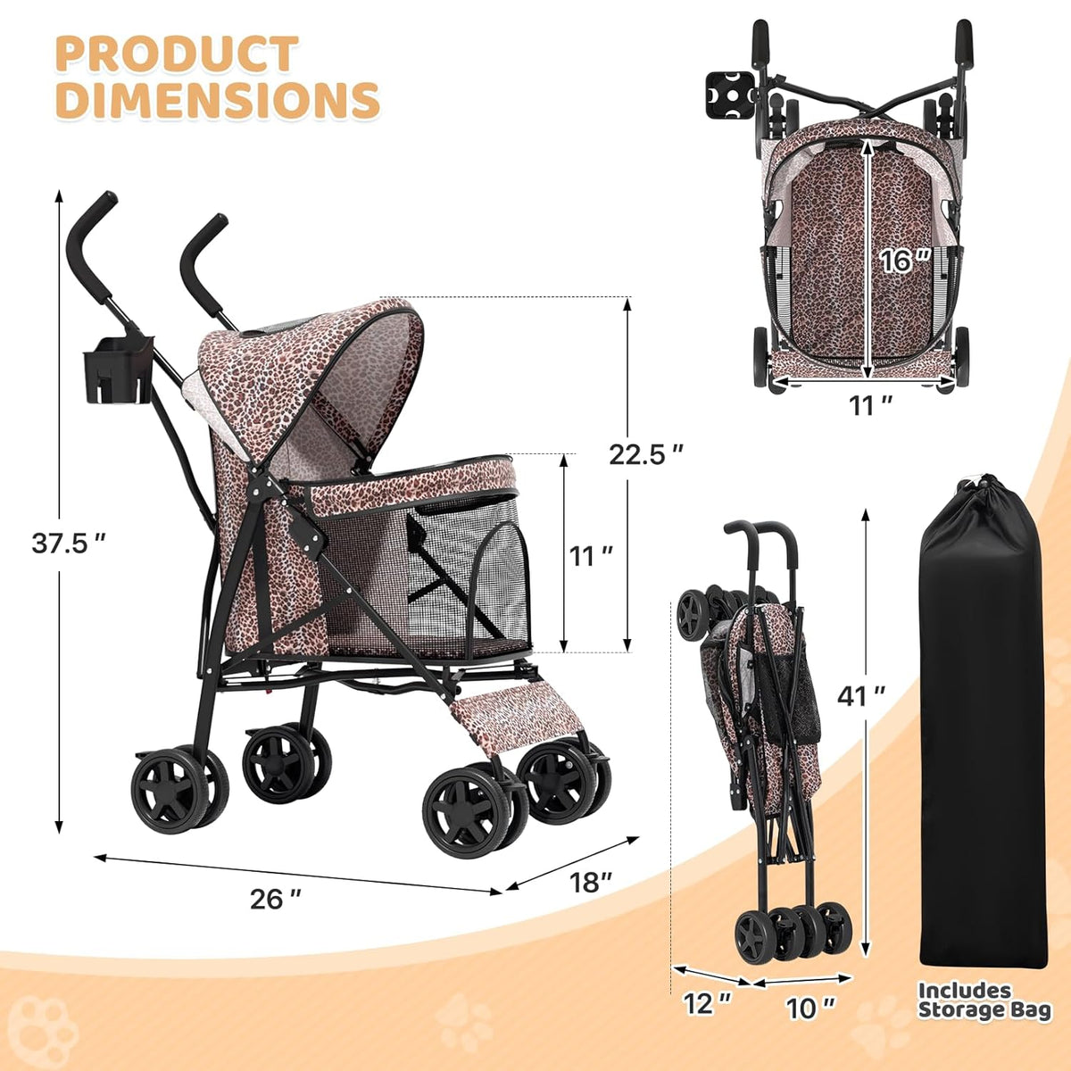 Magshion Compact Pet Stroller for Small-Medium Dogs/Cats up to 22lbs, 4-Wheel Lightweight Umbrella