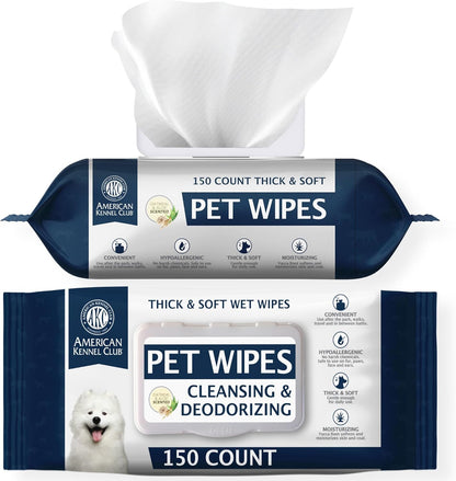 AKC Pet Wipes for Dogs & Cats – Hypoallergenic, Alcohol-Free Wipes for Paws, Face, Ears & Coat