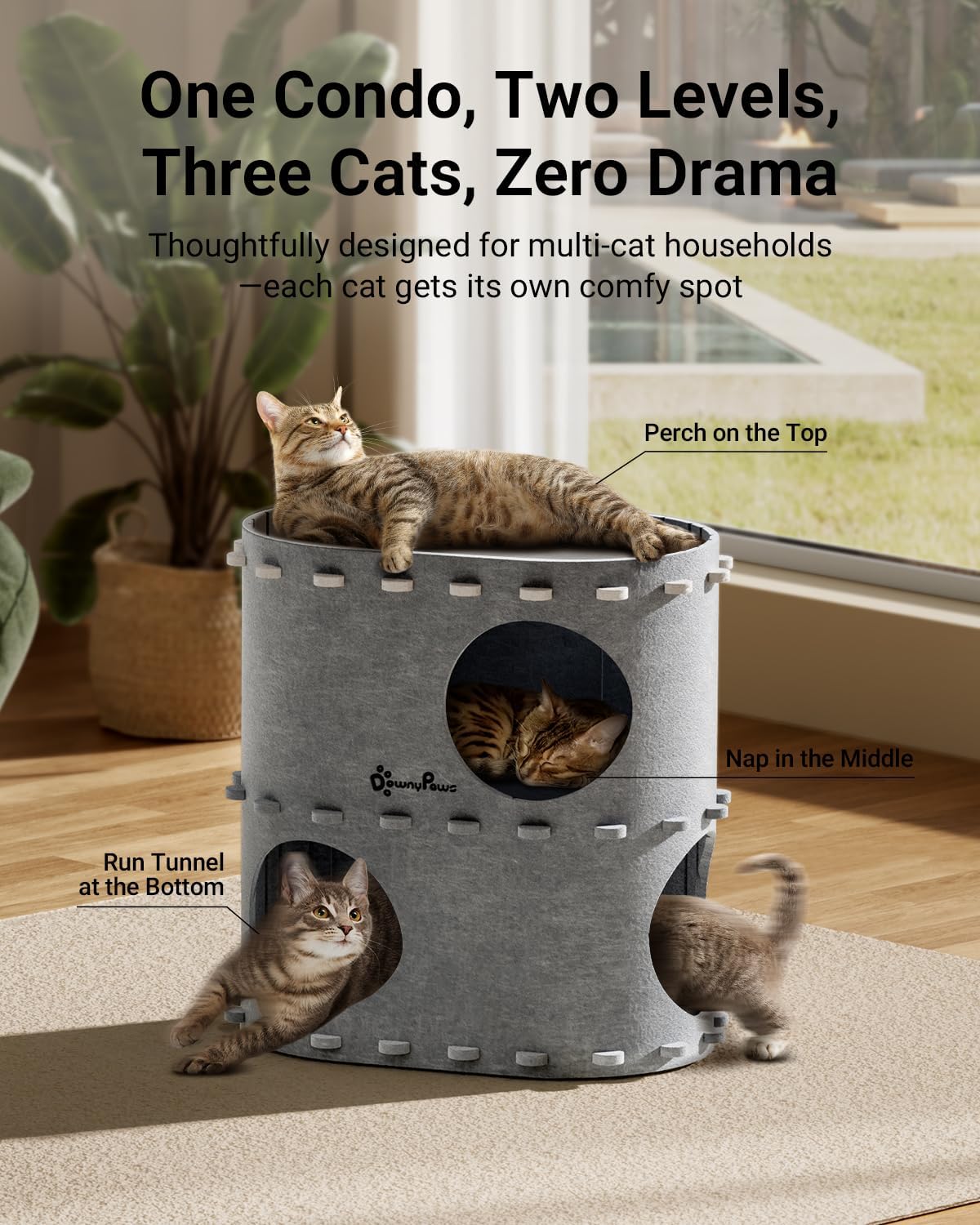 DownyPaws Cat House for Indoor Cats, 2-Storey Foldable Cat Bed Cave, Felt Cats Tunnel Bed Condo