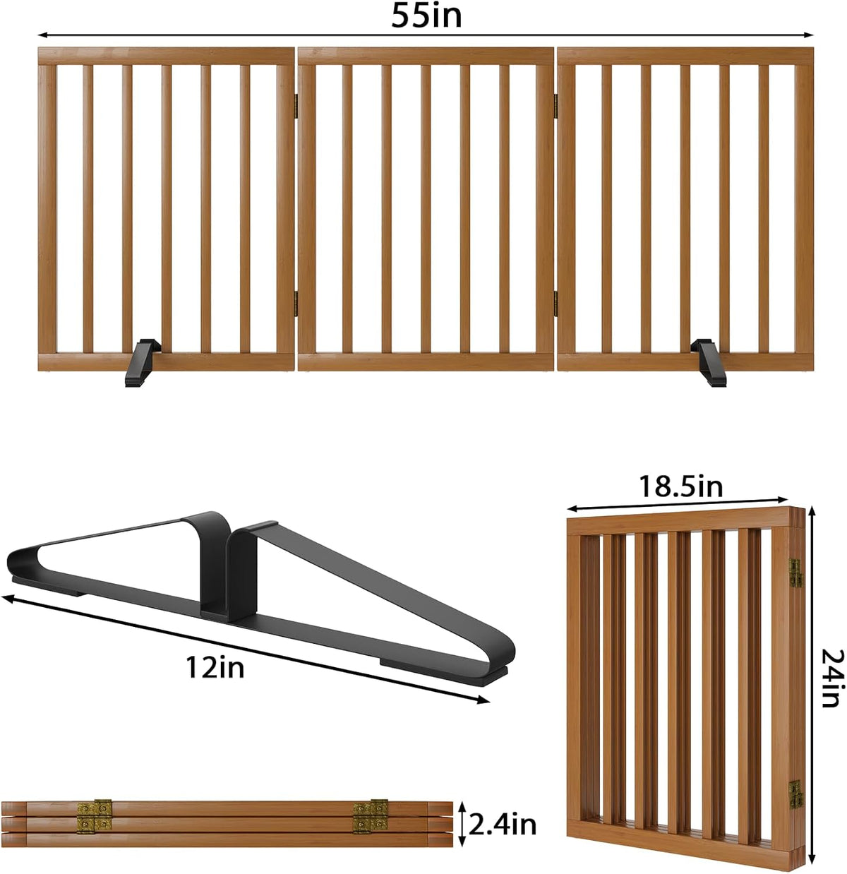 Freestanding Pet Gate Foldable Dog Gate (55 inches Wide) Walnut Bamboo Dog Gates for Stairs