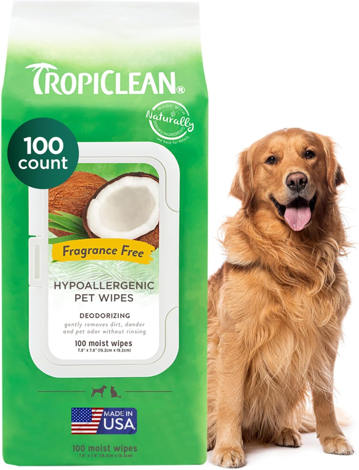 TropiClean Hypoallergenic Cleaning Pet Wipes, 100ct - Wipes for Dogs, Cats, Puppies & Kittens with