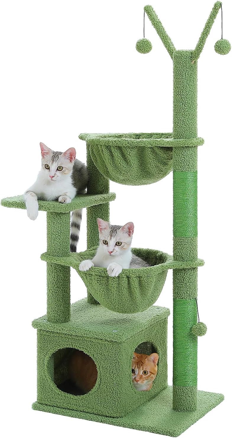 Cactus Cat Tree, 47.6" Cat Tower with 2 Metal Frame Hammock, Cat Scratching Post for Indoor Cats