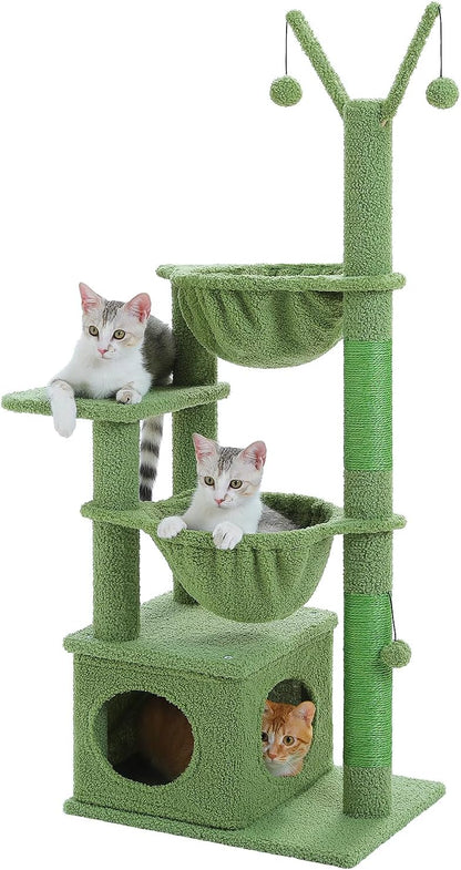 Cactus Cat Tree, 47.6" Cat Tower with 2 Metal Frame Hammock, Cat Scratching Post for Indoor Cats