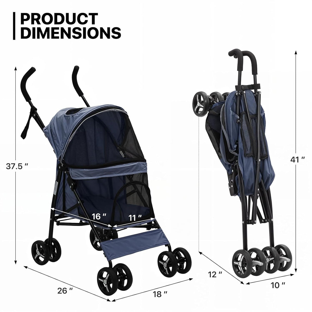 MoNiBloom 4 Wheels Pet Stroller, Easy-Fold Puppy Cage Jogger Stroller with Sun Cover, Pad and Rear