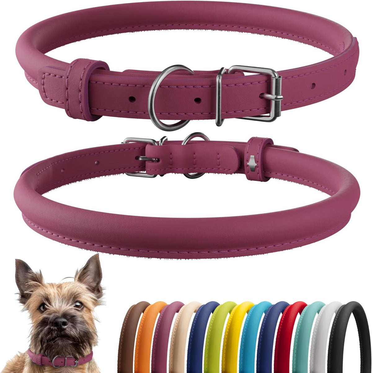 CollarDirect Rolled Leather Dog Collar, Soft Padded Round Puppy Collar, Handmade Genuine Leather