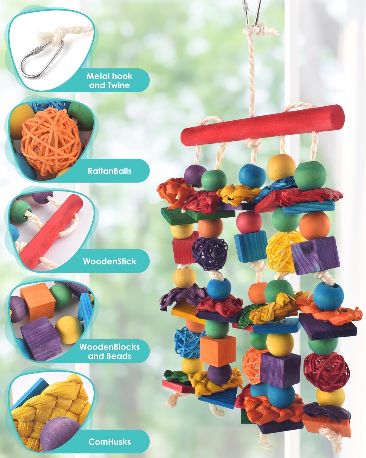 Bird Toys, 2PCS Parrot Foraging Hanging Toy, Multicolored Natural Wooden Blocks Parakeet Chewing