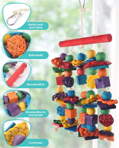 Bird Toys, 2PCS Parrot Foraging Hanging Toy, Multicolored Natural Wooden Blocks Parakeet Chewing
