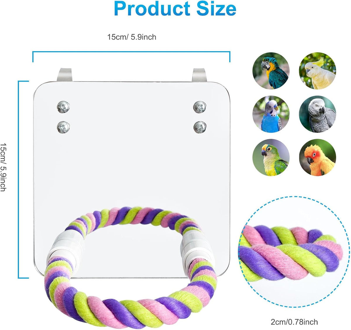 5.9" Bird Mirror with Rope Perch Bird Toys Swing, Comfy Perch for Greys Amazons Parakeet Cockatiel