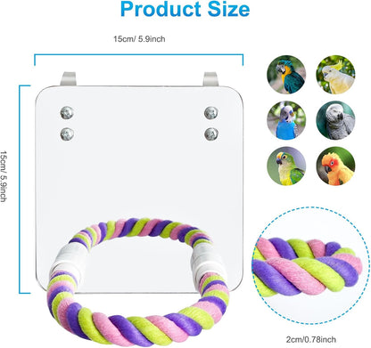 5.9" Bird Mirror with Rope Perch Bird Toys Swing, Comfy Perch for Greys Amazons Parakeet Cockatiel