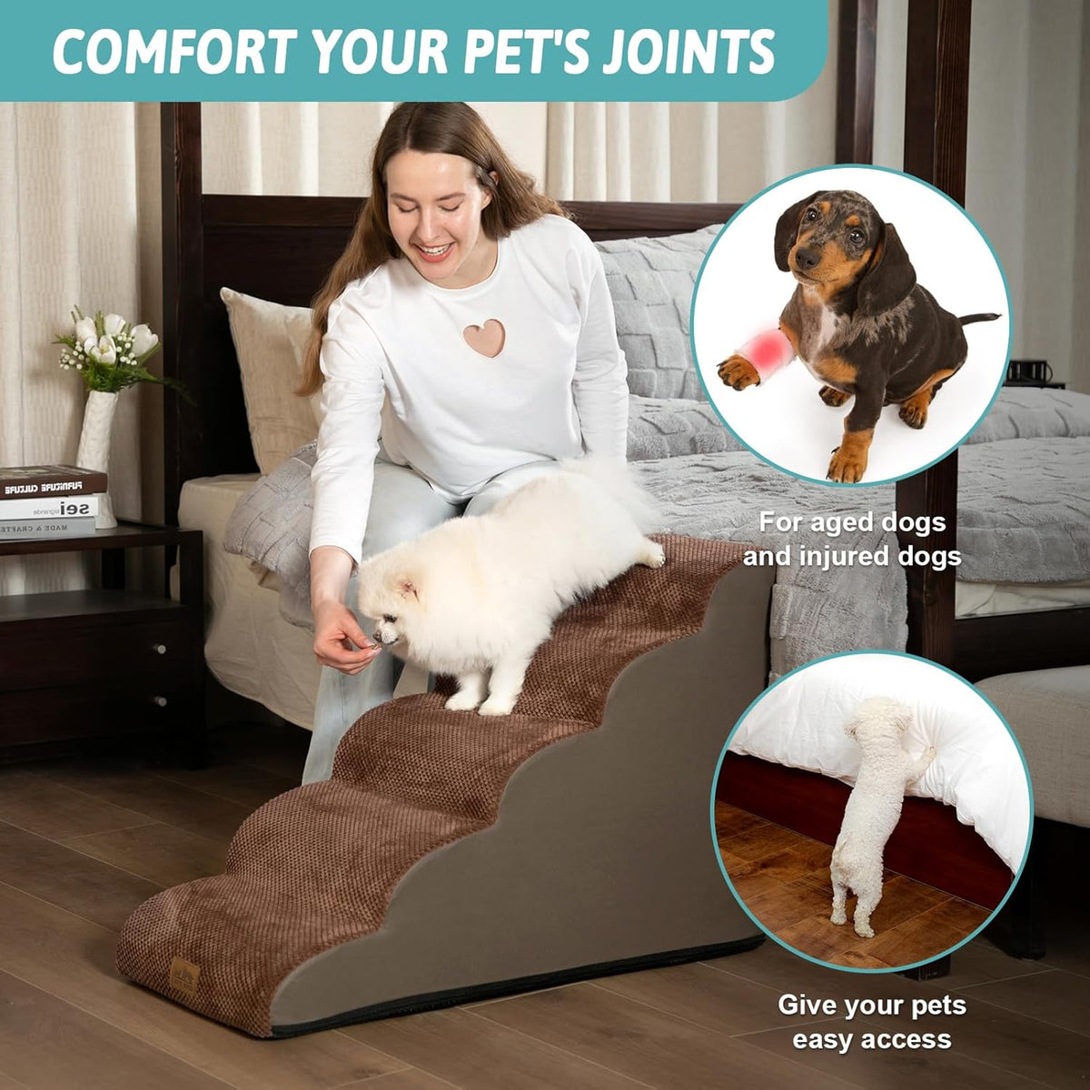Dog Stairs for High Bed 22.6" H, Small Dog Step for Puppy, Older or Cat, Curved Ramp for Car