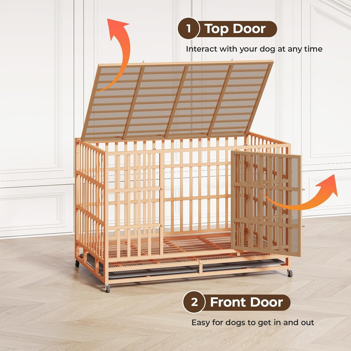48IN Heavy Duty Dog Crate Steel Escape Proof, Indoor Double Door High Anxiety Cage Removable Tray