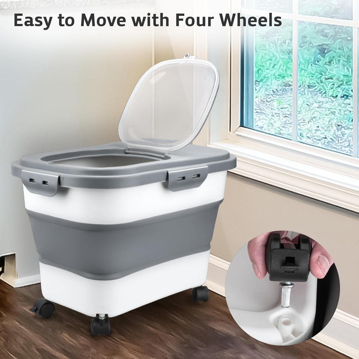 Rice Storage Containers, Collapsible 20 to 30Lbs Food Storage Bin Dispenser with Rolling Wheel and