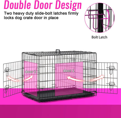 FDW Dog Crate for Large Dogs 48 Inch Folding Metal WirePet Cage Double Door W/Divider Panel Indoor