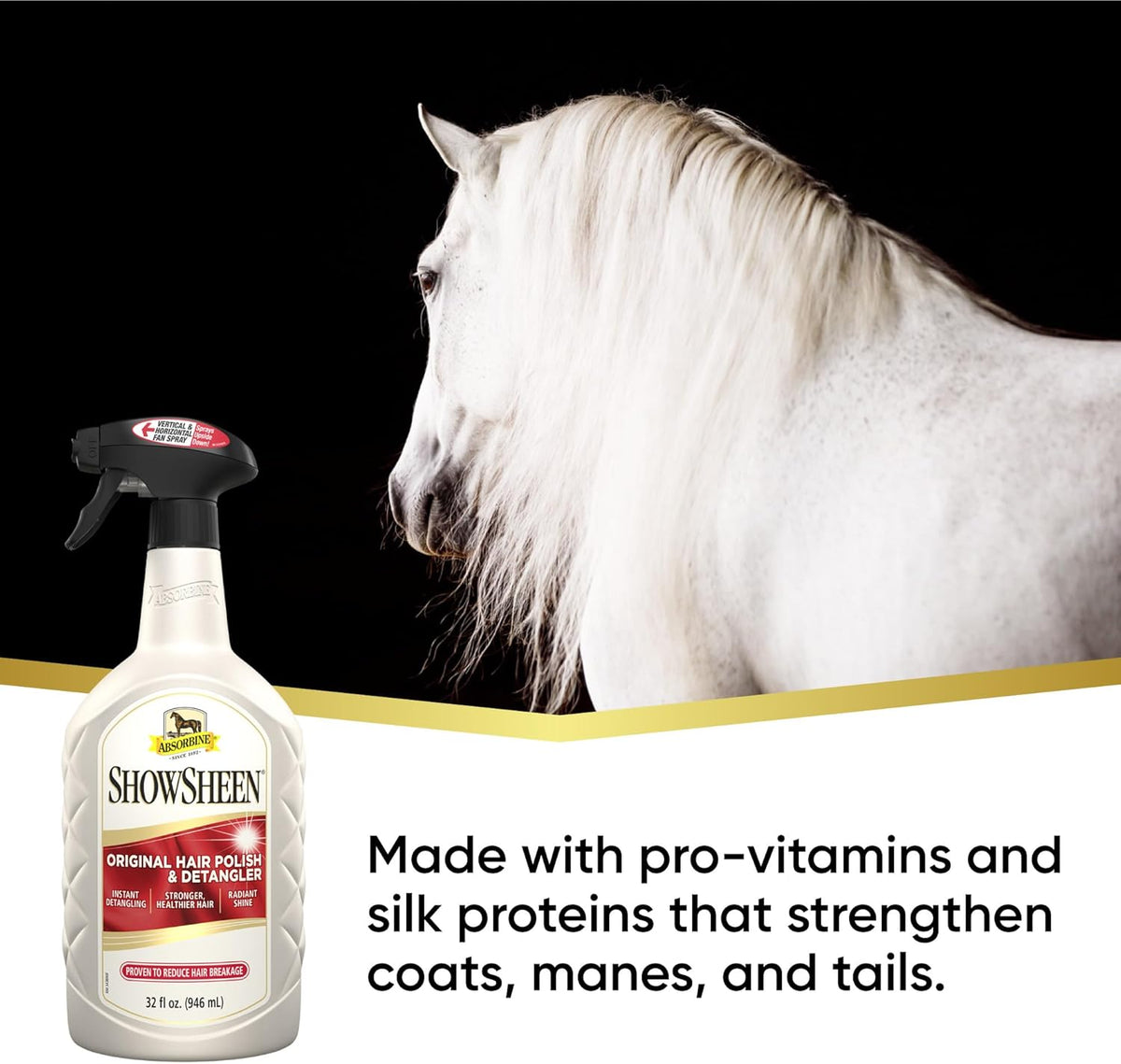 Absorbine ShowSheen Hair Polish & Detangler 32oz Spray Bottle, Horse and Dog Coat, Mane and Tail