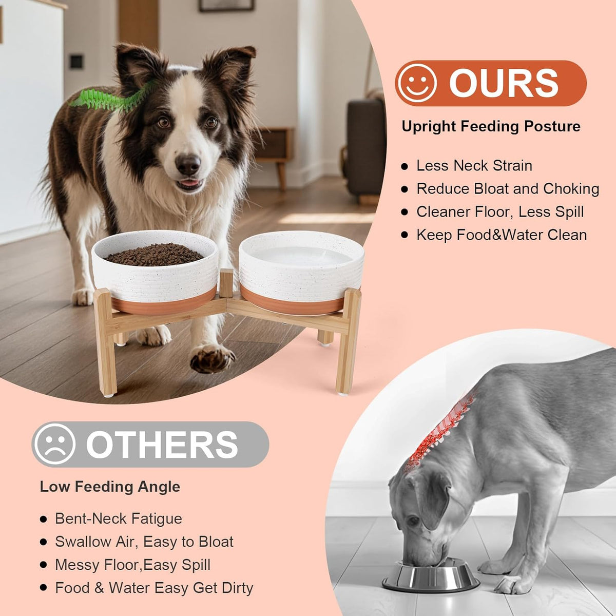 SPUNKYJUNKY Elevated Dog Bowls Ceramic, 7.3'' Dogs Food Water Bowls Raised with Non-Slip Bamboo