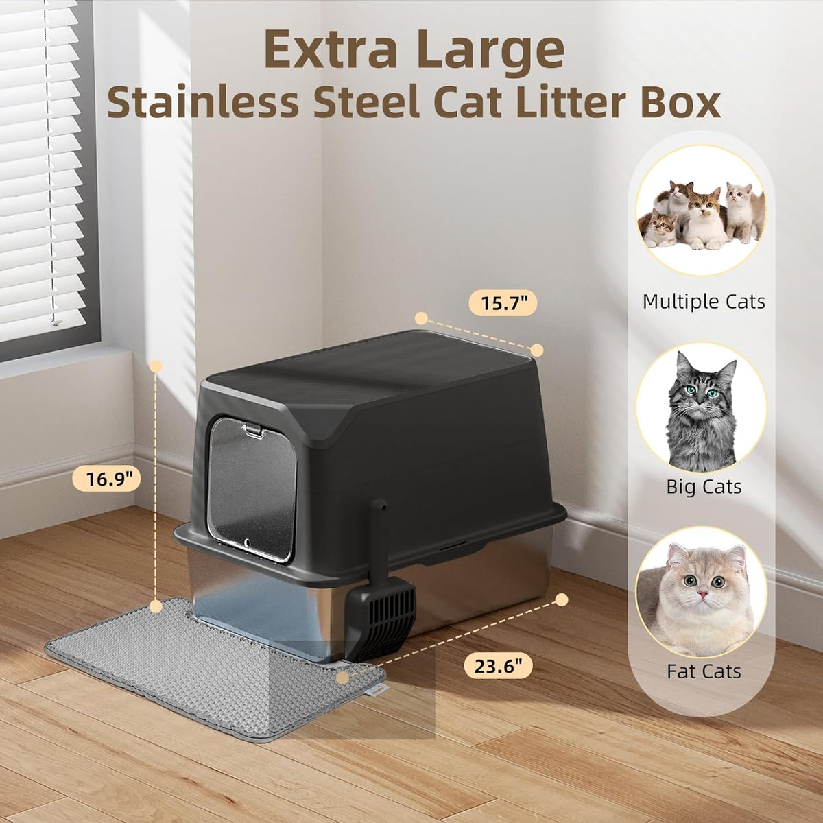 Stainless Steel Cat Litter Box with Lid, Extra Large, Great for Large & Small Cats, Easy to Clean