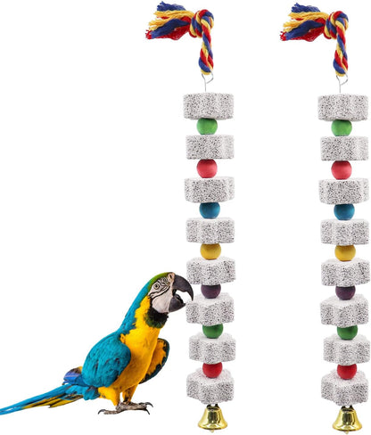 2 Pack Large Bird Chewing Toy, Parrot Beak Grinding Calcium Stone with Bells, Bird Cage