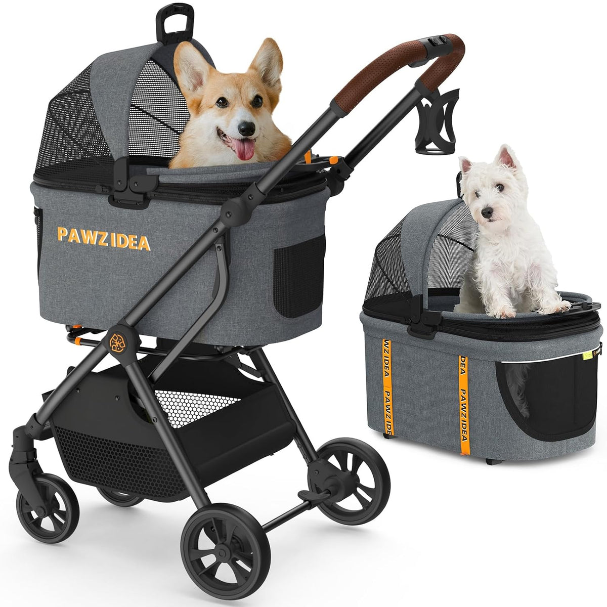 PAWZIDEA Pet Stroller 4 in 1, Dog Strollers for Small/Medium Dogs with Detachable Carrier Easy Lock