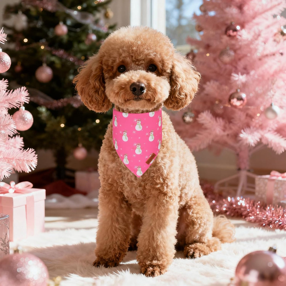 PTDECOR Christmas Dog Bandana, Santa Snowman Design Reversible Holiday Pet Scarf, Pink Triangle Fit